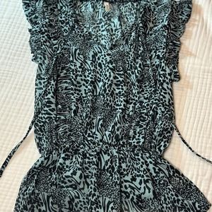 Ruffle waisted blouse, blue tiger print